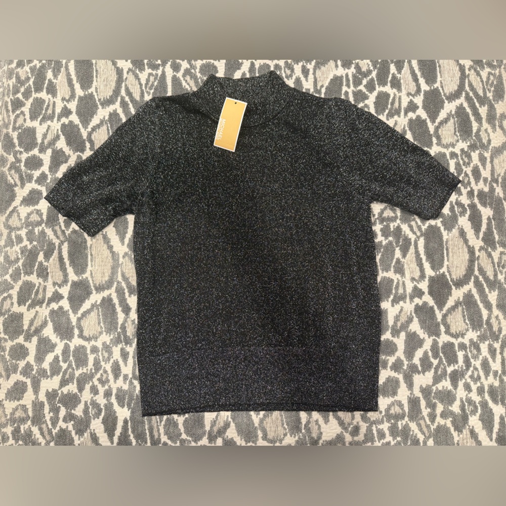 NWT Michael Kors Black Sparkle Short Sleeve Sweater Top Sz M